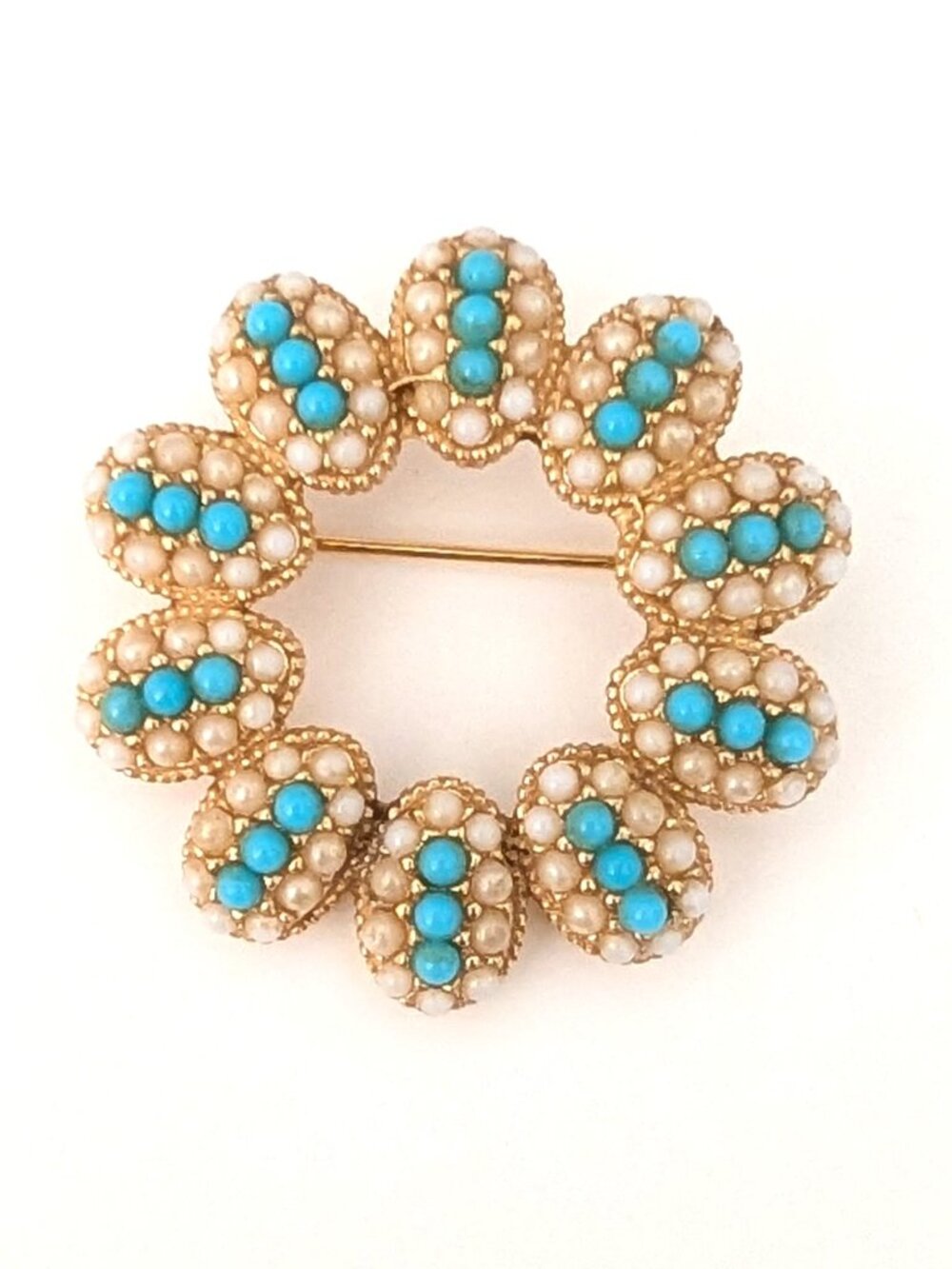 Vintage gold tone turquoise and cream beaded brooch